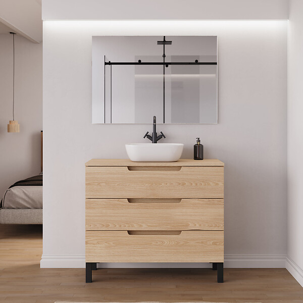 COSYNEO - Meuble de salle de bain 90cm avec plateau et vasque à poser arrondie - 3 tiroirs - roble era (chêne clair) - RIZA - large