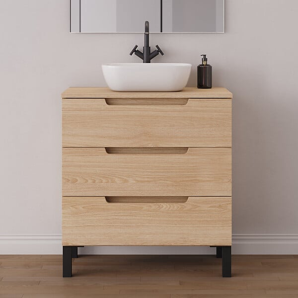 COSYNEO - Meuble de salle de bain 80cm avec plateau et vasque à poser arrondie - 3 tiroirs - roble era (chêne clair) - RIZA - large