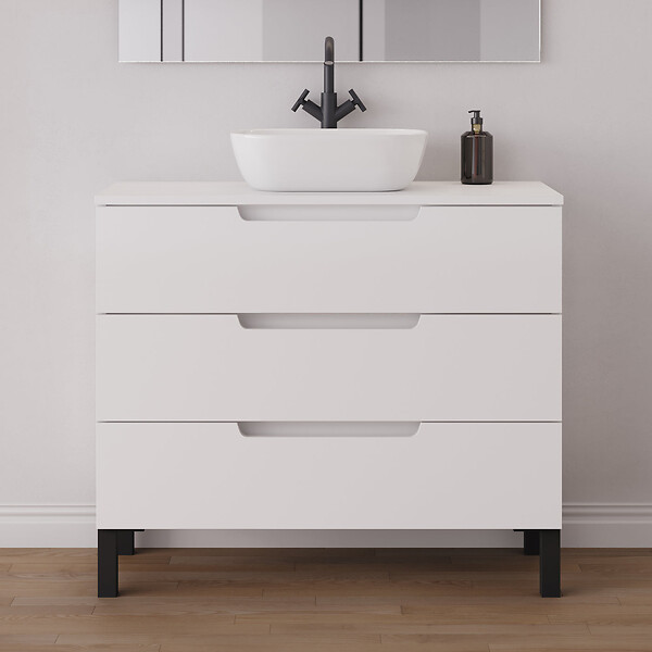 COSYNEO - Meuble de salle de bain 90cm avec plateau et vasque à poser arrondie - 3 tiroirs - blanc mat - RIZA - large