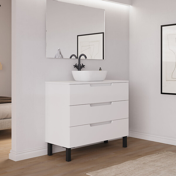 COSYNEO - Meuble de salle de bain 90cm avec plateau et vasque à poser arrondie - 3 tiroirs - blanc mat - RIZA - large
