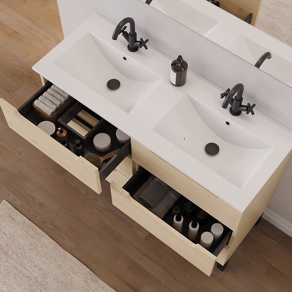 COSYNEO - Meuble de salle de bain 140cm double vasque - 6 tiroirs - sans miroir - roble calima (bois clair) - RIZA - large