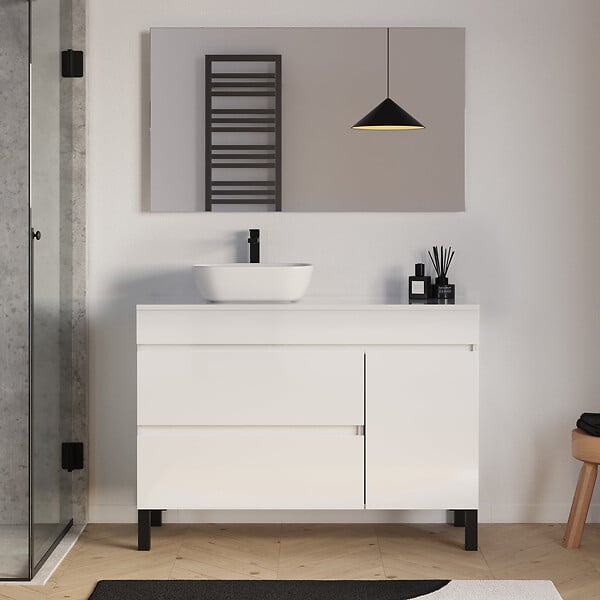 COSYNEO - Meuble de salle de bain 120cm avec plateau et vasque à poser arrondie - porte et tiroirs - blanc brillant - LAZARO - large