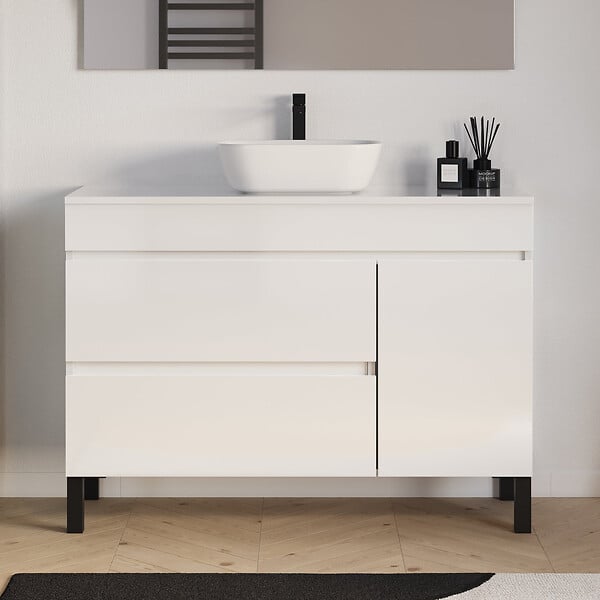 COSYNEO - Meuble de salle de bain 120cm avec plateau et vasque à poser arrondie - porte et tiroirs - blanc brillant - LAZARO - large