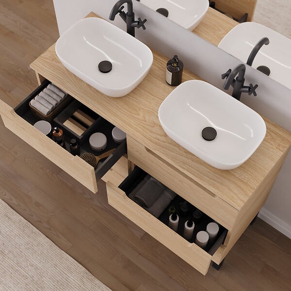 COSYNEO - Meuble de salle de bain 120cm avec plateau et 2 vasques à poser arrondies - 6 tiroirs - roble era (chêne clair) - RIZA - large