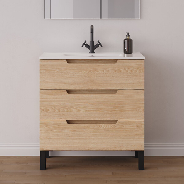 COSYNEO - Meuble de salle de bain 60cm simple vasque - 3 tiroirs - roble era (chêne clair) - RIZA - large