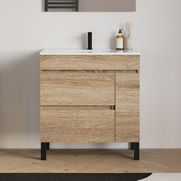 COSYNEO - Meuble de salle de bain 70cm simple vasque sur pieds avec porte et tiroirs - cambrian (chêne clair) - LAZARO - large