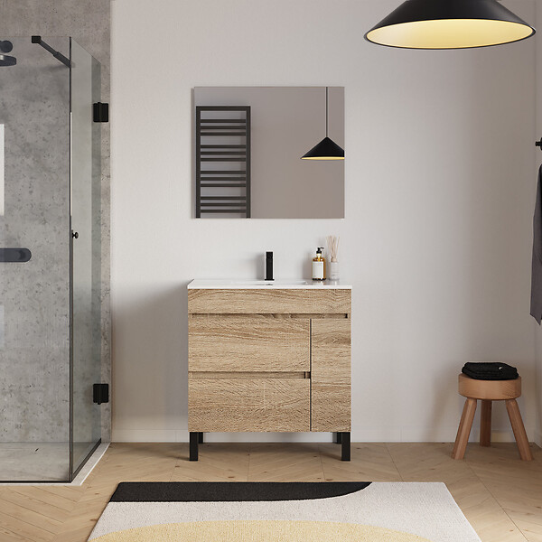 COSYNEO - Meuble de salle de bain 70cm simple vasque sur pieds avec porte et tiroirs - cambrian (chêne clair) - LAZARO - large