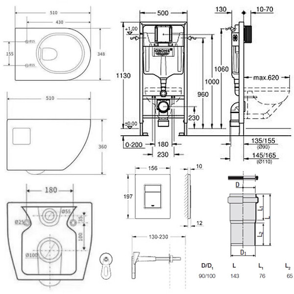 GROHE - Pack WC Bâti-support Rapid SL  + WC sans bride SAT + Abattant SoftClose + Plaque Chrome (RapidSL-Project-1) - large
