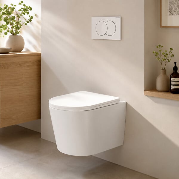 GEBERIT - Duofix Pack WC bâti-support + WC suspendu sans bride avec abattant SoftClose Ceramia + plaque blanche (GEBCE14WT05-FR) - large