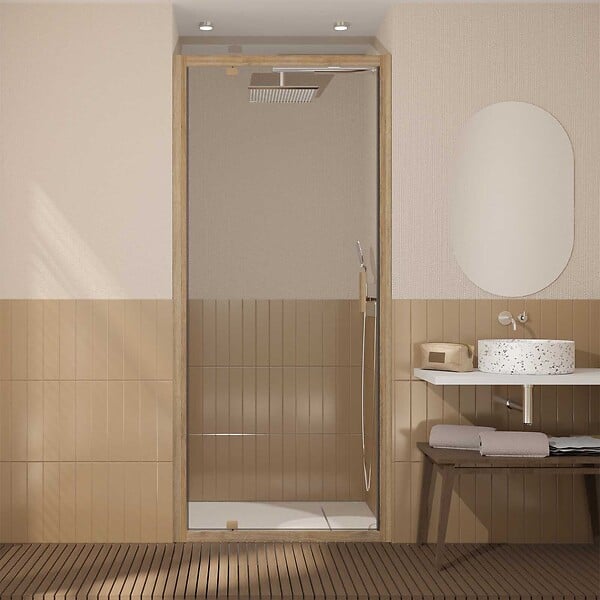 AURLANE - Porte de douche Pivotante 90x200cm - Profilés Aluminium effet Bois - Verre 6mm - WOOD CRUSH - large