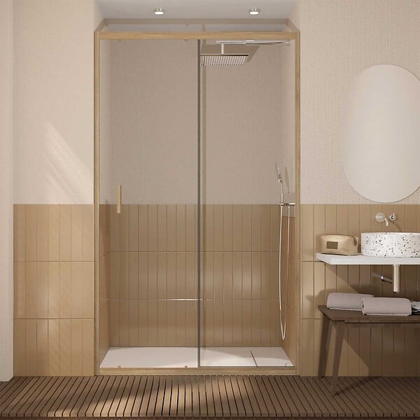 AURLANE - Porte de douche Coulissante 120x200cm - Profilés Aluminium effet Bois - Verre 6mm - WOOD CRUSH - large