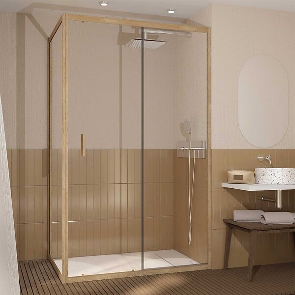 AURLANE - Porte de Douche Coulissante et Retour 120x90x200cm - Profilés Alu Effet Bois - Verre Trempé 6mm - large