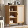 ID MARKET - Buffet d'appoint 3 étagères et placard 70 cm ROBIN meuble de rangement bois et tissu effet lin - vignette