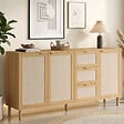 ID MARKET - Buffet 160 cm ROBIN 4 portes avec 3 tiroirs meuble de rangement bois et tissu effet lin - vignette