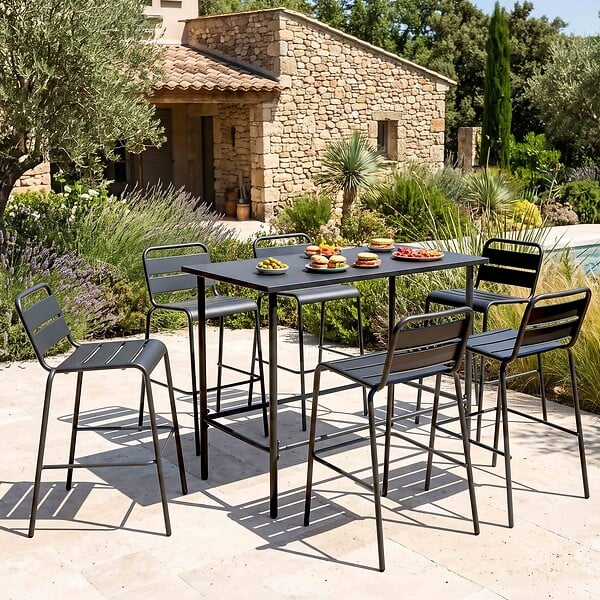 OVIALA - Ensemble table haute de jardin et 6 chaises en métal gris - Palavas - large