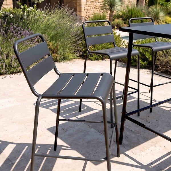 OVIALA - Ensemble table haute de jardin et 6 chaises en métal gris - Palavas - large