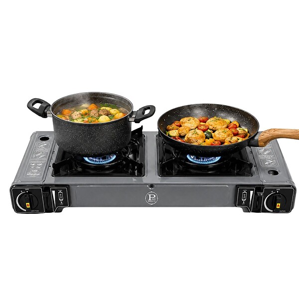 INTEC - Réchaud à Gaz 2 Feux 3800W Allumage Piezo + 8 Cartouches gaz Butane - Cuisinière à gaz Portable Camping Cuisine Extérieure INTEC - large