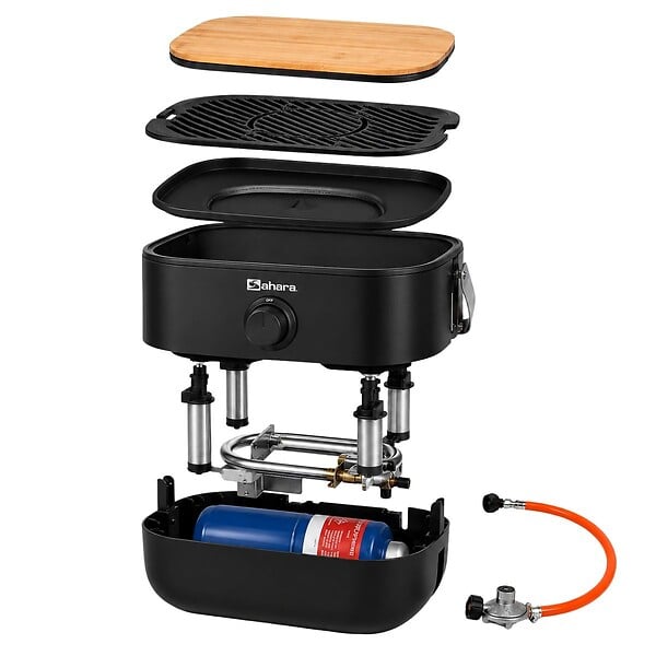 SAHARA - Barbecue à Gaz Portable Compact 2,7kW Grille Fonte Mini Barbecue de Table Noir Kit Planche à Découper Bois 2/4 Personnes Sahara - large