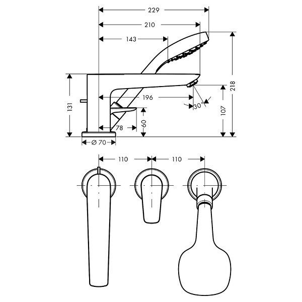 HANSGROHE - Mitigeur 3 trous Talis E baignoire Chromé avec Corps encastré - large