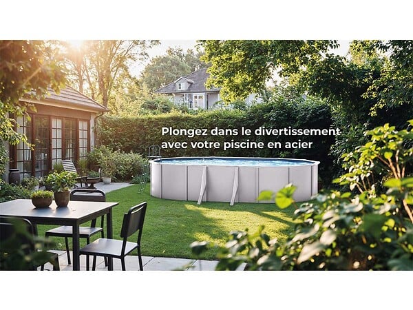 GRE - Kit piscine acier blanc Gré Atlantis ovale 8,15 x 4,90 x 1,32 m + Bâche à bulles - large
