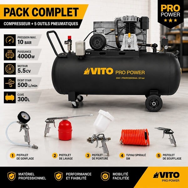 VITO - Compresseur d'air 300L 10Bar 500L/min + Clé à choc pneumatique 310Nm + Outils de Gonflage Soufflage Peinture Garage Atelier VITO - large