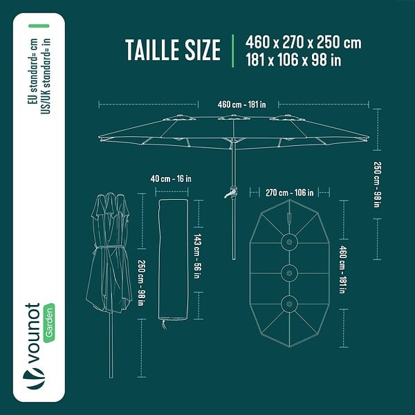 VOUNOT - Parasol Jardin Double Aluminium 270 x 460 cm gris - large