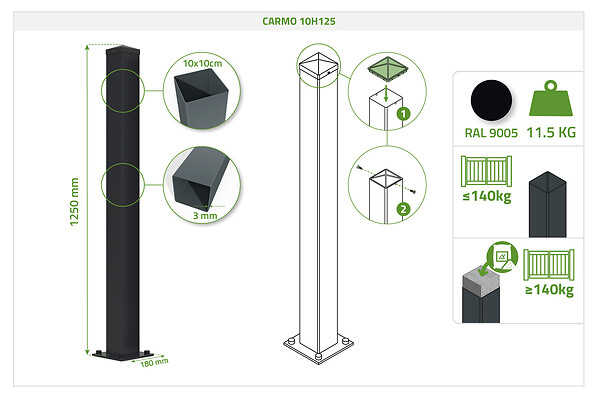 CASANOOV - Casanoov Lot de 2 poteaux en fer CARMO 10x10  cm H.125  cm noir - large