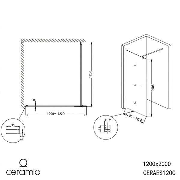 SWISS AQUA TECHNOLOGIES - Walk-in 100x200cm Paroi en verre Crystal Glass® 8 mm anticalcaire, avec bras et profilés Laiton (SATBWI100PRMO) - large