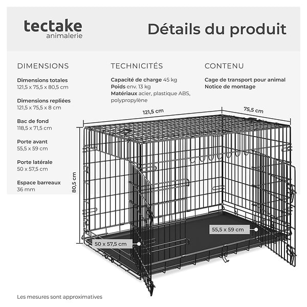TECTAKE - Cage pour chien Luna, pliable, avec 2 portes noir - large