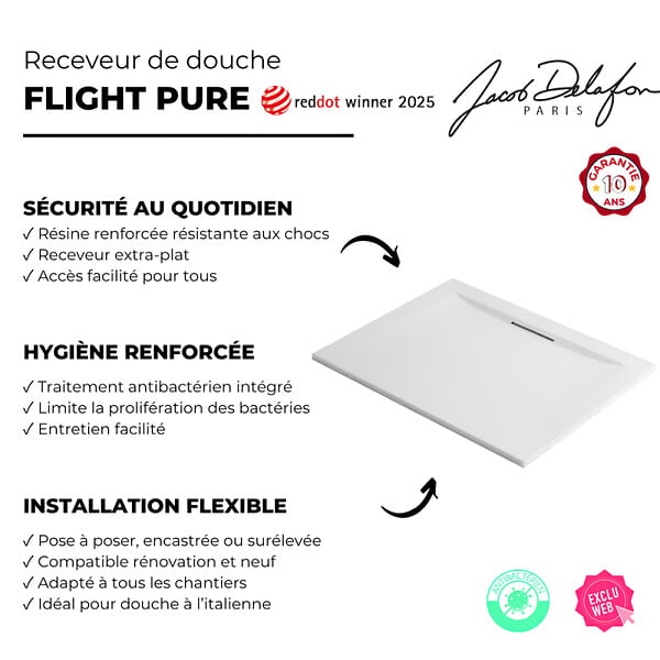JACOB DELAFON - Receveur de douche 160 x 90 Flight Pure rectangle blanc - large