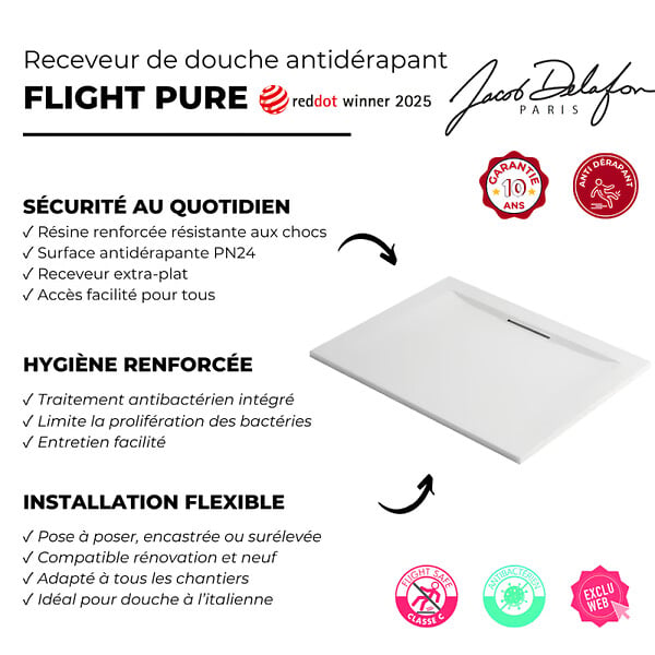 JACOB DELAFON - Receveur de douche antidérapant 90 x 90 Flight Pure carré blanc - large