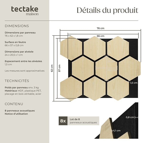 TECTAKE - Lot 8 panneaux acoustiques en mdf bois véritable plaqué chêne clair 76x62x1 8 cm - large