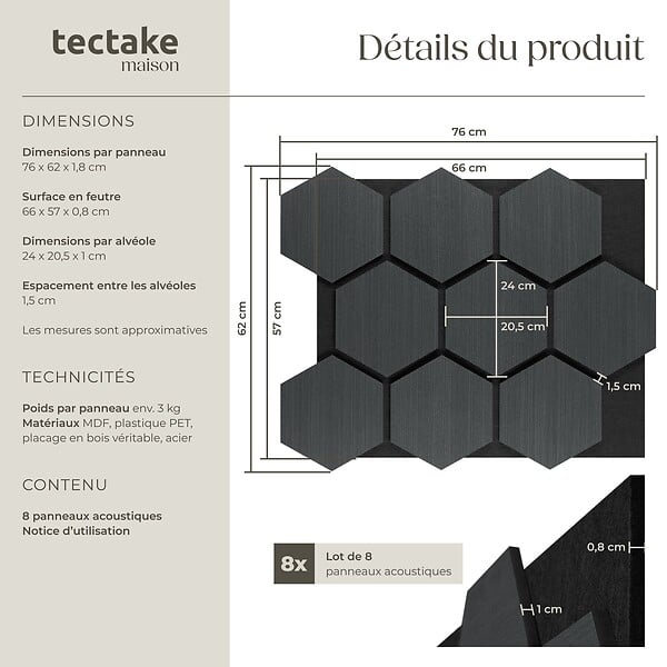 TECTAKE - Lot 8 panneaux acoustiques muraux en en mdf chêne noir absorption acoustique 76x62x1 cm - large