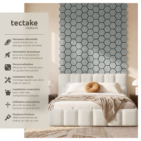 TECTAKE - Lot 8 panneaux acoustiques traitement acoustique en mdf placage bois véritable chêne gris clair 76x62x1,8 cm absorption phonique feutre nid abeilles - large