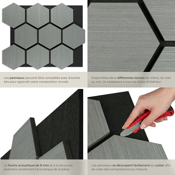 TECTAKE - Lot 8 panneaux acoustiques traitement acoustique en mdf placage bois véritable chêne gris clair 76x62x1,8 cm absorption phonique feutre nid abeilles - large