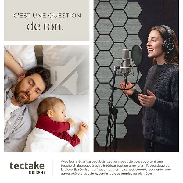 TECTAKE - Lot 8 panneaux acoustiques traitement acoustique en mdf placage bois véritable chêne gris clair 76x62x1,8 cm absorption phonique feutre nid abeilles - large