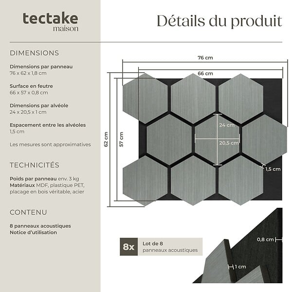 TECTAKE - Lot 8 panneaux acoustiques traitement acoustique en mdf placage bois véritable chêne gris clair 76x62x1,8 cm absorption phonique feutre nid abeilles - large