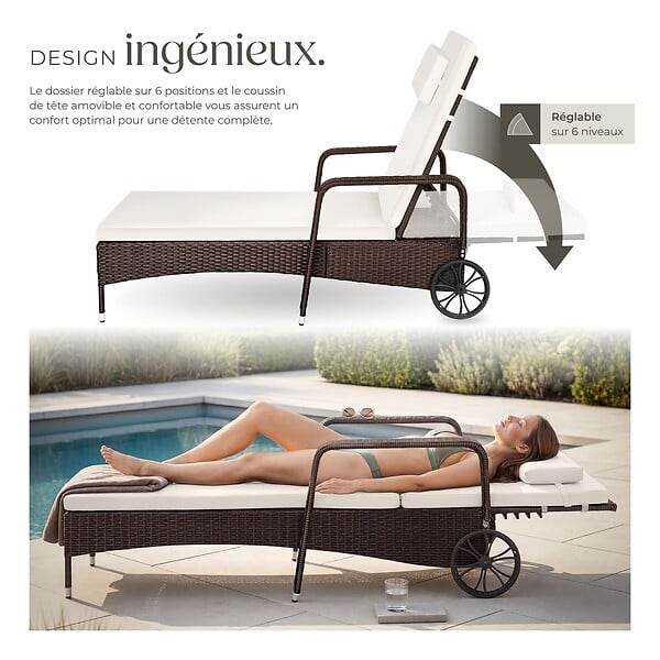 TECTAKE - Bain de soleil métal 6 positions avec roulettes marron marbré - large