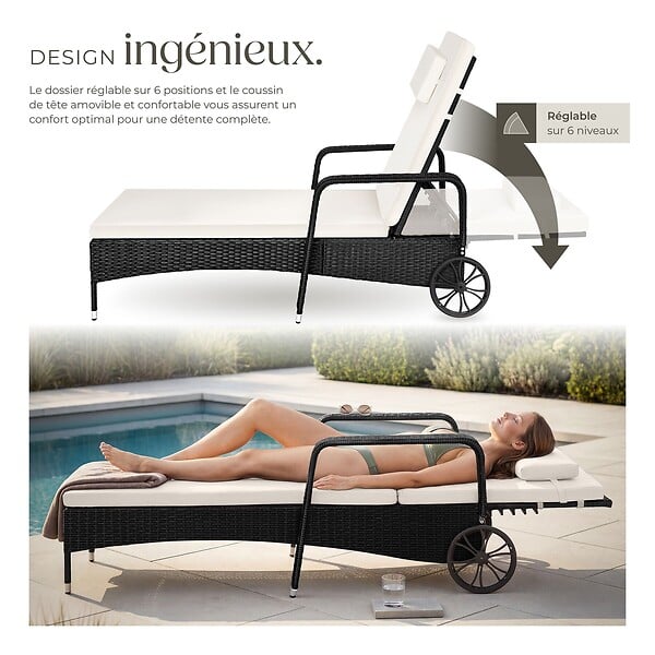 TECTAKE - Bain de soleil métal 6 positions avec roulettes noir/beige - large