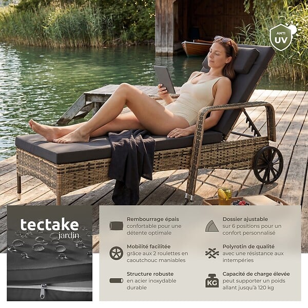 TECTAKE - Bain de soleil résine tressée en métal gris foncé 6 positions coussin intérieur extérieur - large