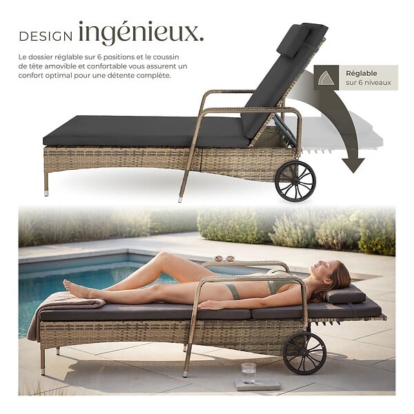 TECTAKE - Bain de soleil résine tressée en métal gris foncé 6 positions coussin intérieur extérieur - large