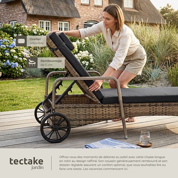 TECTAKE - Bain de soleil résine tressée en métal gris foncé 6 positions coussin intérieur extérieur - large