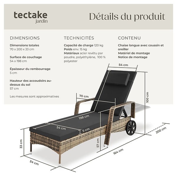 TECTAKE - Bain de soleil résine tressée en métal gris foncé 6 positions coussin intérieur extérieur - large