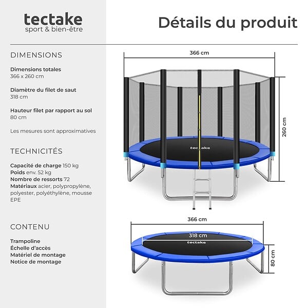 TECTAKE - Trampoline modèle B noir/bleu - large
