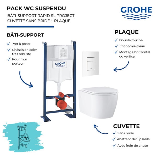 GROHE - Pack WC suspendu sans bride Start Round Ceramic  + Abattant frein de chute + Bati support mur + Plaque carré blanc alpin - large