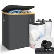 VOUNOT - Panier a linge pliable 145L avec sac intérieur cadre bambou et couvercle gris - vignette