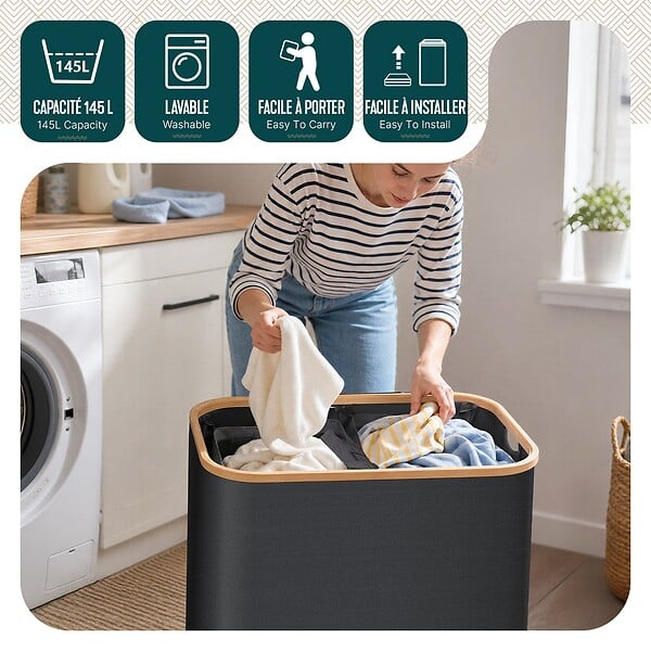 VOUNOT - Panier a linge pliable 145L avec sac intérieur cadre bambou et couvercle gris - large