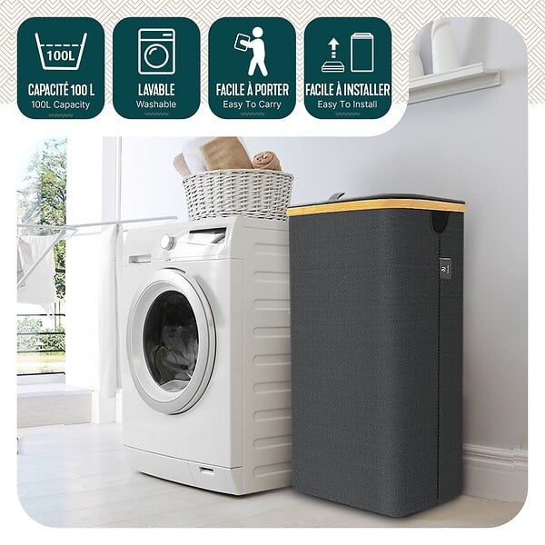 VOUNOT - Panier a linge pliable 100L avec sac intérieur cadre bambou et couvercle gris - large