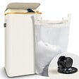 VOUNOT - Panier a linge pliable 100L avec sac intérieur cadre bambou et couvercle beige - vignette