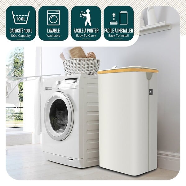 VOUNOT - Panier a linge pliable 100L avec sac intérieur cadre bambou et couvercle beige - large